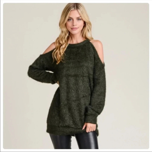 Olive Green Cold Shoulder Sweater | Cozy Fall Knit Pullover Top - Picture 7 of 7